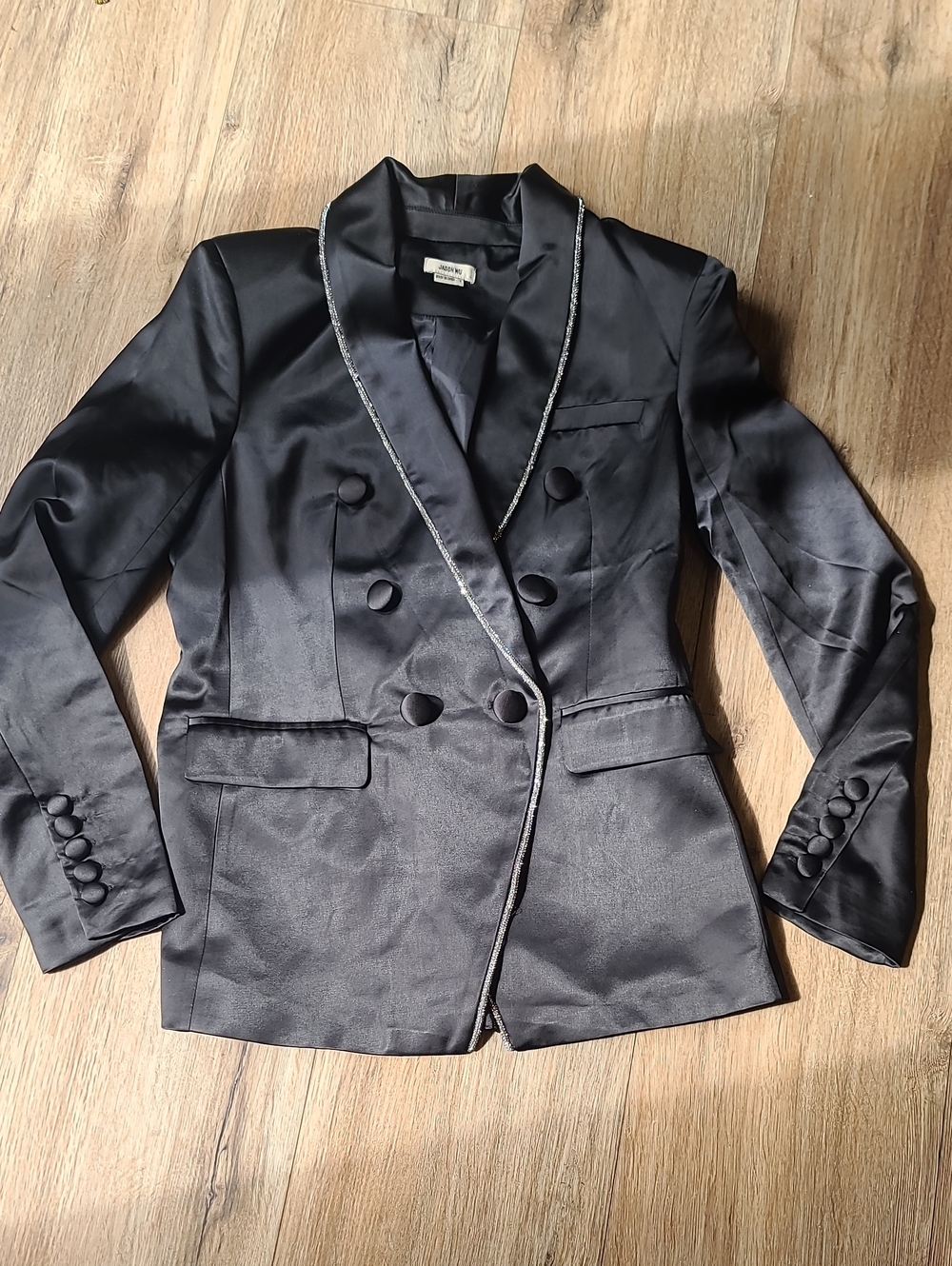 Jason Wu Rhinestone Embellished Black Satin Tuxedo Blazer Jacket Small